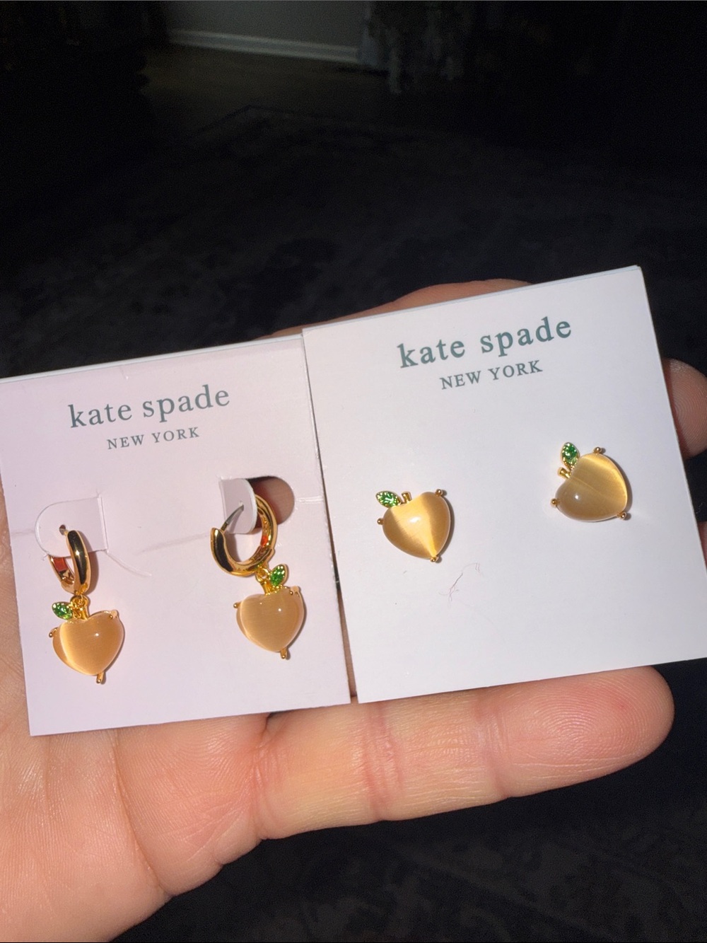 2 kate spade Peach Charm Earrings and Studs in Gold and Peach